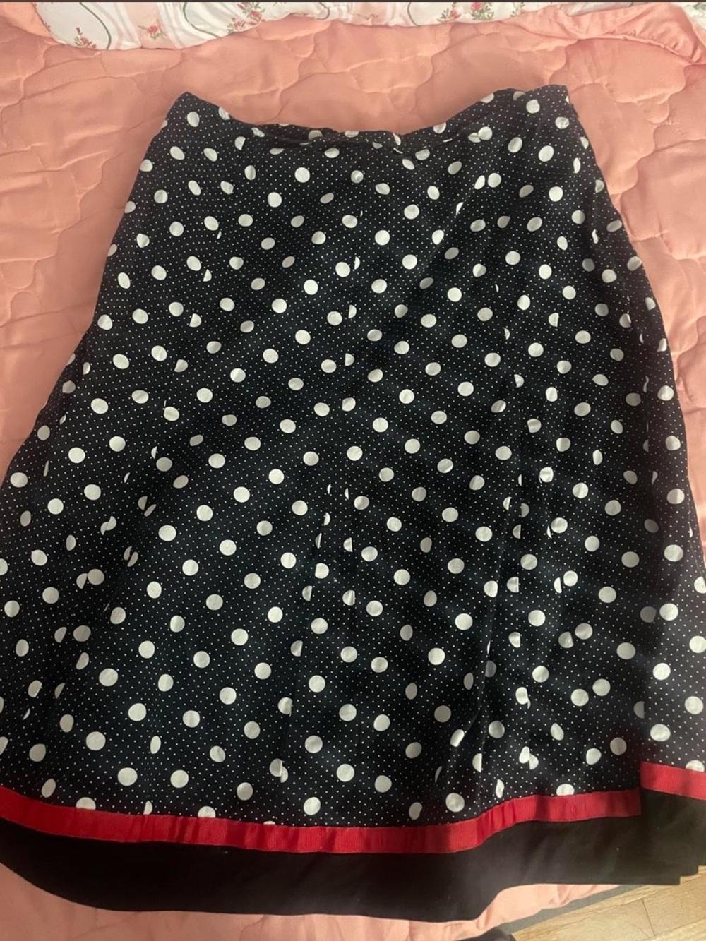 dressbarn Black and White Polka Dot A-Line Skirt with Red Trim